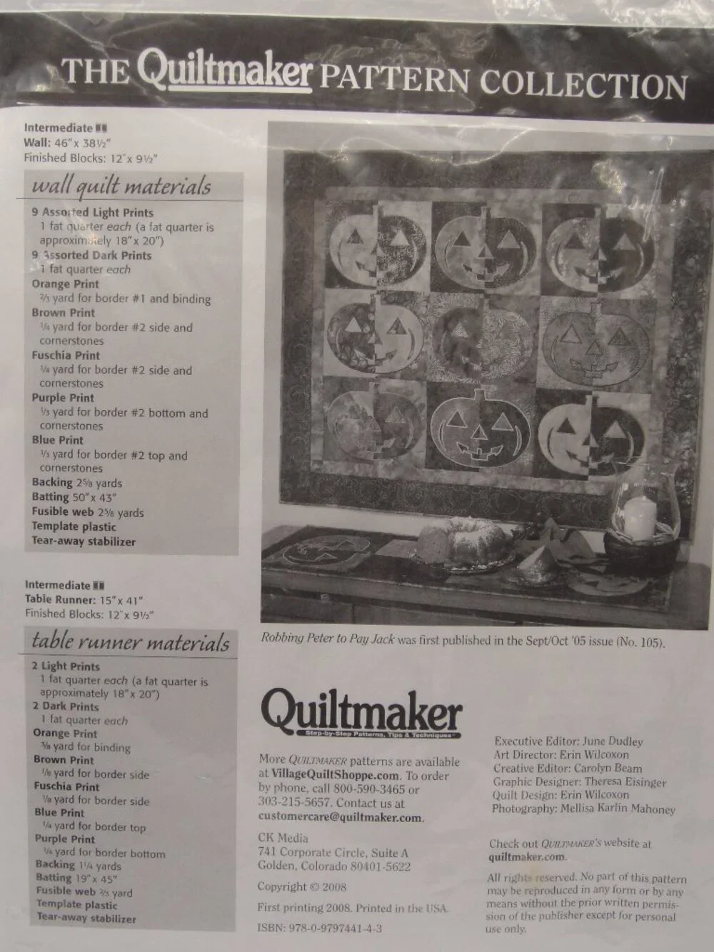Robbing Peter To Pay Jack Halloween Wall Quilt Pattern - Erin Wilcoxon 2008 NOS